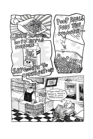 Magic Bath zine volume 2, interior comic page with bold captions and cat in a room