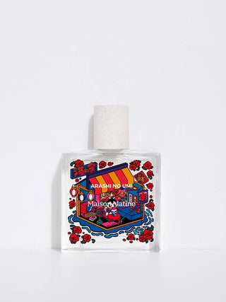 Eau de parfum bottle with cork-style cap and red-blue decorative label