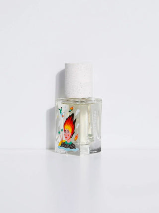 Clear square perfume bottle with illustrated front and glass atomizer, side view.