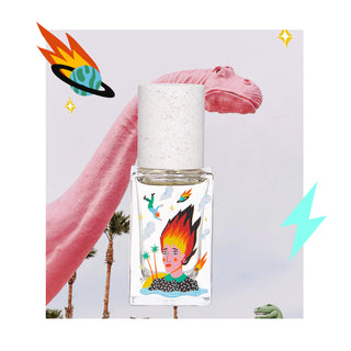 Perfume bottle with white cap and colorful illustrated label, front view.