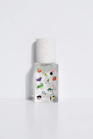 15ml eau de parfum bottle with clear glass, speckled cap, colorful cartoon label