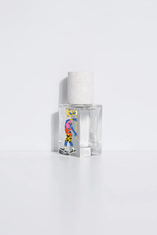 Clear 15ml eau de parfum bottle with white cap and side view of colorful label