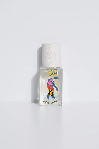 Clear eau de parfum 15ml bottle with white cylindrical cap and colorful label