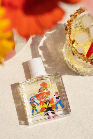 Maison Matine Ukhu Pacha eau de parfum bottle with white cap, colorful label detail