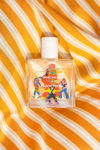 Maison Matine Ukhu Pacha eau de parfum bottle with white cap and colorful label