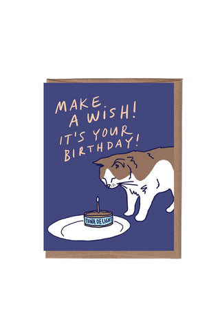Blue birthday wish card with “Make a Wish! It’s Your Birthday!” and dog-and-treat graphic