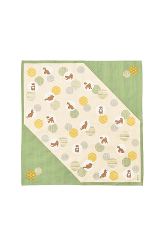 Square furoshiki cloth with green border and cream panel, featuring shiba dog and pattern icons