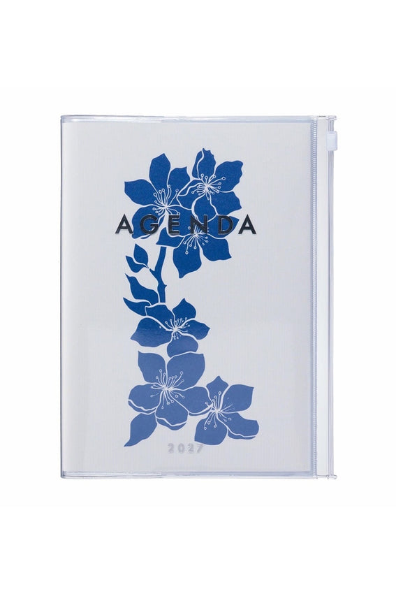 A5 weekly vertical planner with blue floral cover and clear sleeve