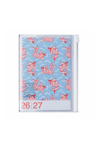 A6 weekly vertical planner with blue cover and pink fish pattern, showing “26 27”