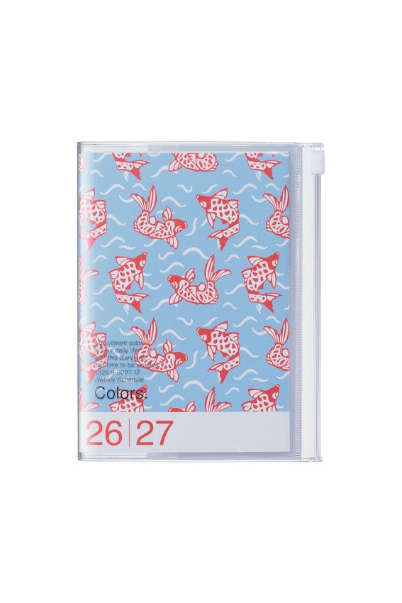 A6 weekly vertical planner with blue cover and pink fish pattern, showing “26 27”