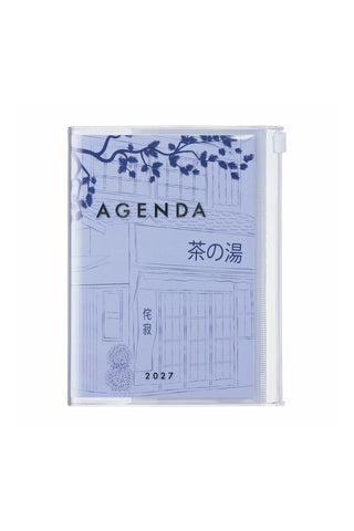 A6 weekly vertical planner with clear cover and blue floral design, 2027 date