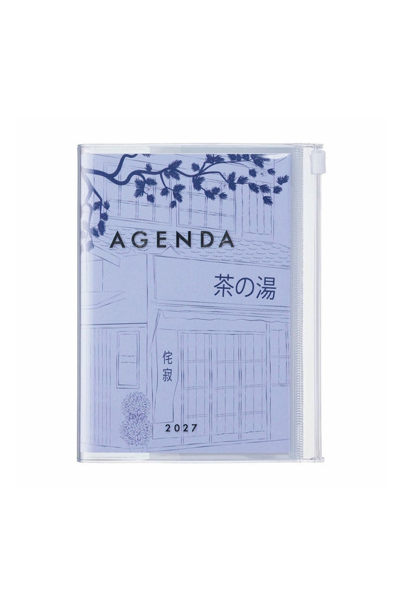 A6 weekly vertical planner with clear cover and blue floral design, 2027 date