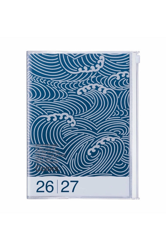 A5 weekly vertical planner with blue wave cover and '26–27' date range