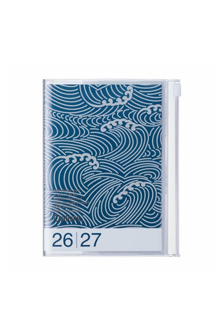 A6 weekly vertical planner with blue wave pattern cover and “26 27” date panel