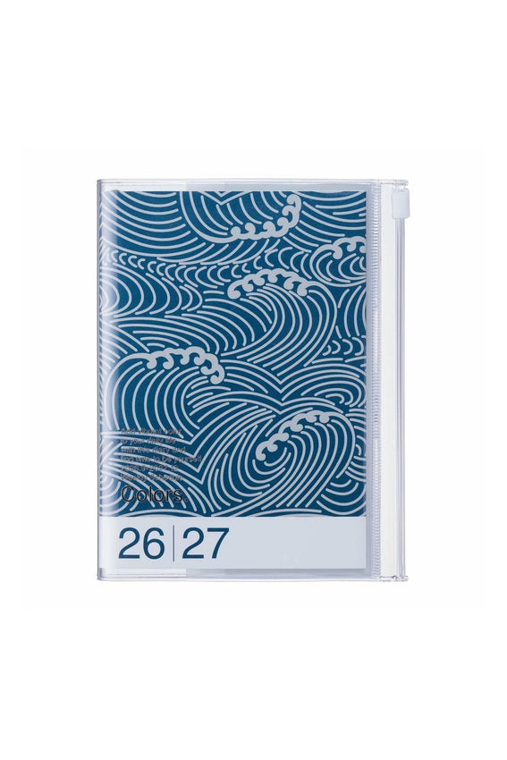 A6 weekly vertical planner with blue wave pattern cover and “26 27” date panel