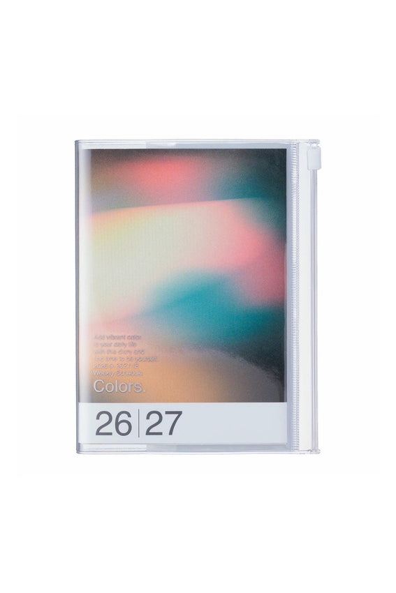 A6 weekly vertical planner with colorful gradient cover, marked 26–27