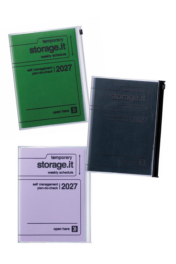 A5 weekly vertical planner with green storage.it cover and 2027 weekly schedule text