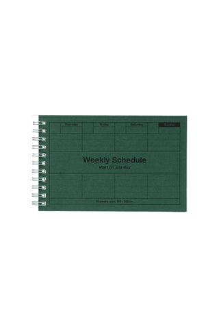 Dark green weekly schedule planner with spiral binding, start on any day layout