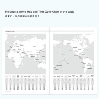 World map and time zone chart pages with regional tables for global planning
