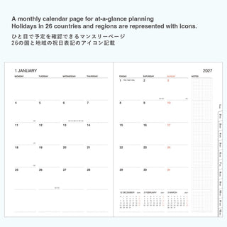 Monthly calendar page with at-a-glance icons, January 2027 grid with notes