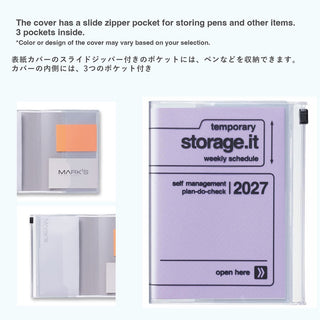 A6 weekly planner with slide zipper pocket and 2027 storage.it cover