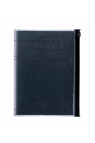 A5 weekly vertical planner with dark blue storage.it cover and 2027 weekly schedule text
