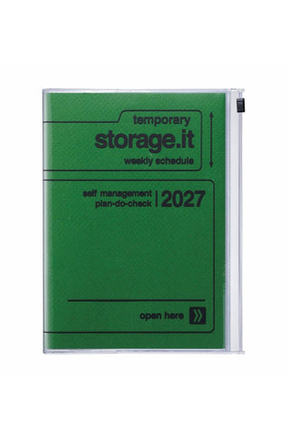 A5 weekly vertical planner with green storage.it cover, 2027 weekly schedule layout