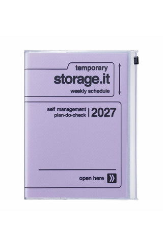 A5 weekly vertical planner with lavender storage.it cover and 2027 weekly schedule text