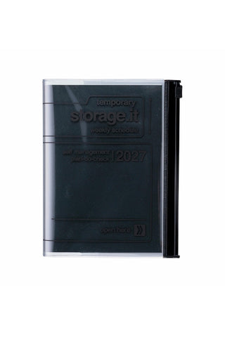 Black vertical weekly planner cover, storage.it logo, 2027 text, side clip visible.