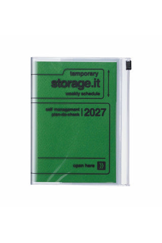 Green vertical weekly planner cover with storage.it logo, self management plan, 2027.
