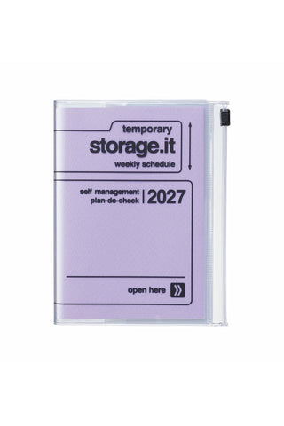 Lavender vertical weekly planner cover with storage.it logo, 2027 text, open-here bar.