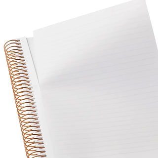 A5 spiral notebook, white ruled pages with copper rings along the left edge