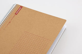B5 spiral notebook with kraft brown cover corner and grid illustration on cover