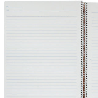 B5 spiral notebook open to white ruled pages with metal rings on the right