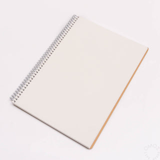 B5 spiral notebook with white cover and light tan edge, metal spiral binding
