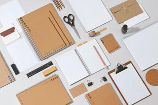 B5 spiral ring notebooks set, various kraft and beige covers with printed layouts