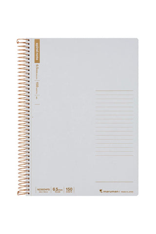 Grey B5 spiral ring notebook with ruled pages and 6.5 mm line spacing