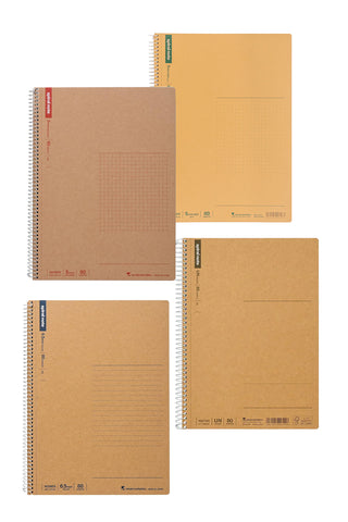 B5 spiral ring notebooks stack, multiple kraft brown covers with grid sections
