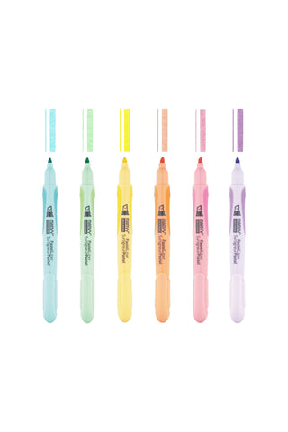 Six pastel liner markers with chisel tips in light blue, green, yellow, peach, pink, purple