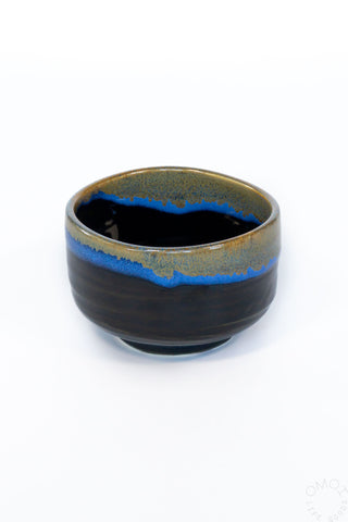 Ceramic matcha chawan bowl, charcoal black with blue ring glaze and flared rim
