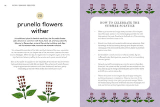 Microseasons open page with prunella flower drawings and floral border