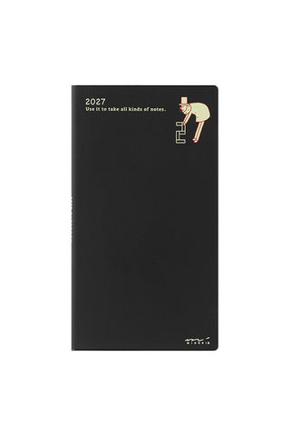 Black B6 slim 2027 monthly planner with nutcracker-style cover icon and date text