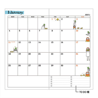 January calendar page layout with date grid, small character icons, and checkbox area