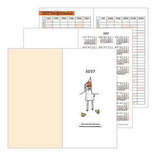 2027 yearly schedule page with month grids and an illustrated standing character