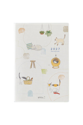 2027 weekly memo planner with cat-themed illustrations on light grid cover.