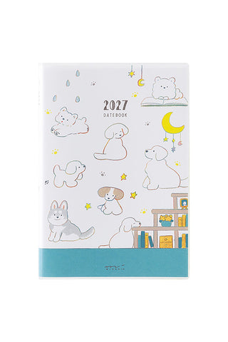 Midori 2027 datebook planner, white cover with animal line art and blue bottom band