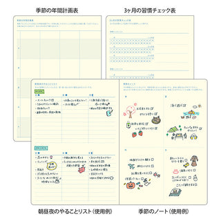 Open planner interior showing seasonal charts, a 3-month check list, and note sections