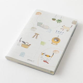 Cat-themed 2027 weekly memo planner with illustration cover and notebook back.