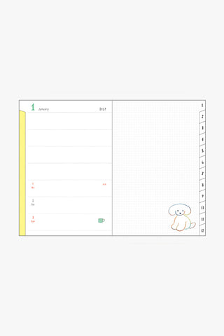 Open Midori 2027 planner showing monthly layout with yellow tab and blank right page