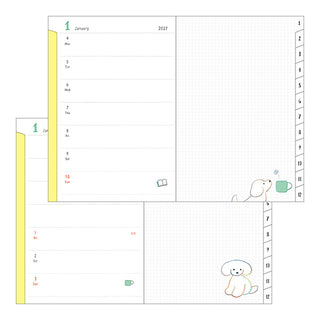 Midori 2027 monthly planner page with January notes layout and small dog character